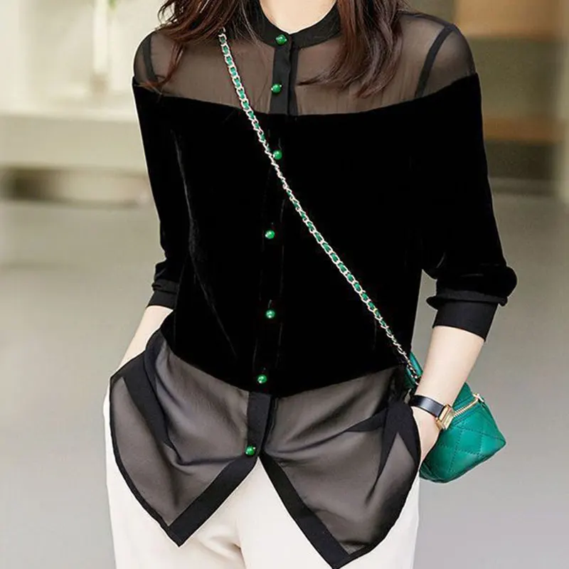 

Elegant Harajuku Slim Fit All Match Blusa Patchwork Solid Button Long Sleeve Tops Women Stand Collar Women's ClothingYY42