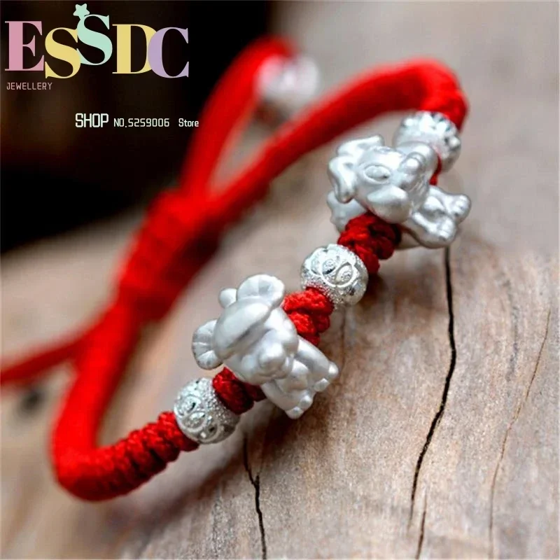 Hot Sales 2025 Lucky Pure 999 Silver Animal Charm Hand Knitted Red  Three-in-six Chinese Zodiac Unisex Rope Chain Bracelet
