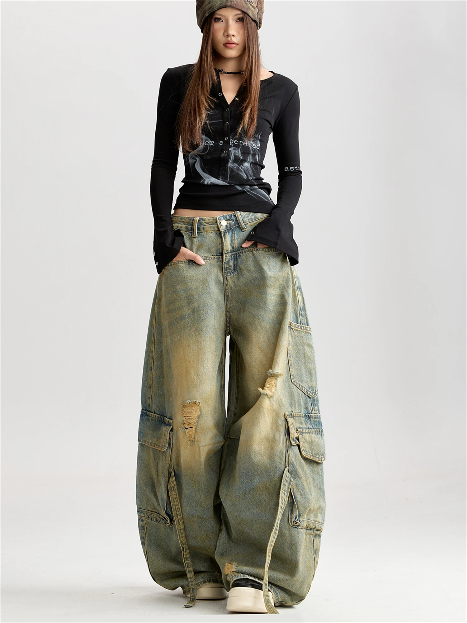 Calça jeans feminina cintura alta perna larga vintage lavada cargo angustiada rasgada multi-bolso com alças y2k streetwear calças jeans