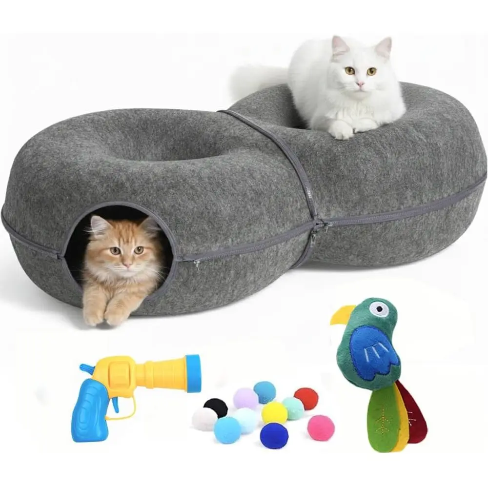 

Уютная домашняя кровать-лежанка в форме пончика для крупных кошек до 20 кг с 12 игрушечными шариками, бонусной игрушкой-птичкой и игрушечным пистолетом, устойчивая к царапинам