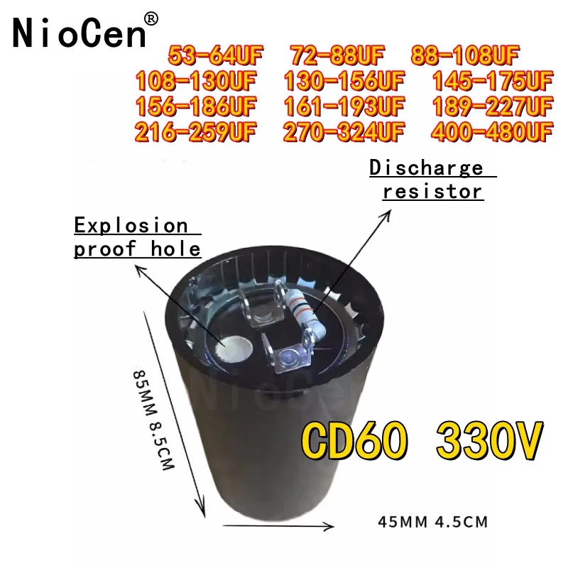 CD60 145-175UF 330VAC Starting capacitor electric freezer starter capacitor 53/72/88/108/130/145/156/161/186/193/270/480UF