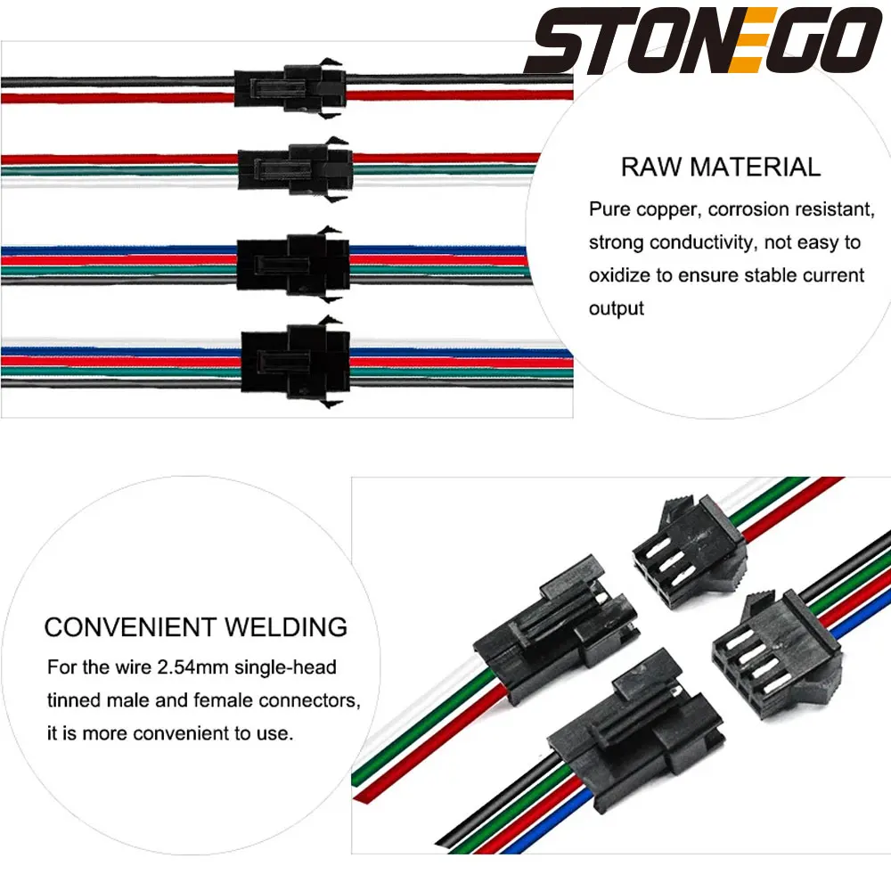 STONEGO 2-pinowe 3-pinowe 4-pinowe 5-pinowe złącze LED męskie/żeńskie JST SM 2 3 4 5 Wtyczka Złącze Przewód do sterownika lampy LED Strip Light