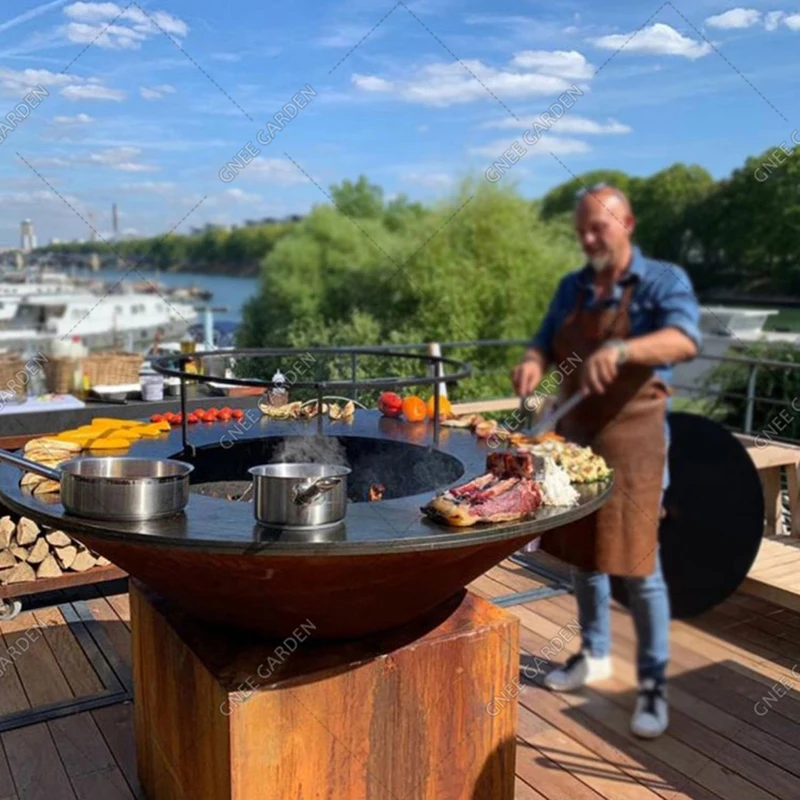 Outdoor Barbecue 120CM Big Grill Wood Charcoal Fired Corten Steel Fire Pit BBQ