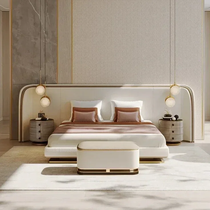 

Hotel Bedroom Furniture Set King Size Double Luxurious Luxury Fabric Up-holstered Beds