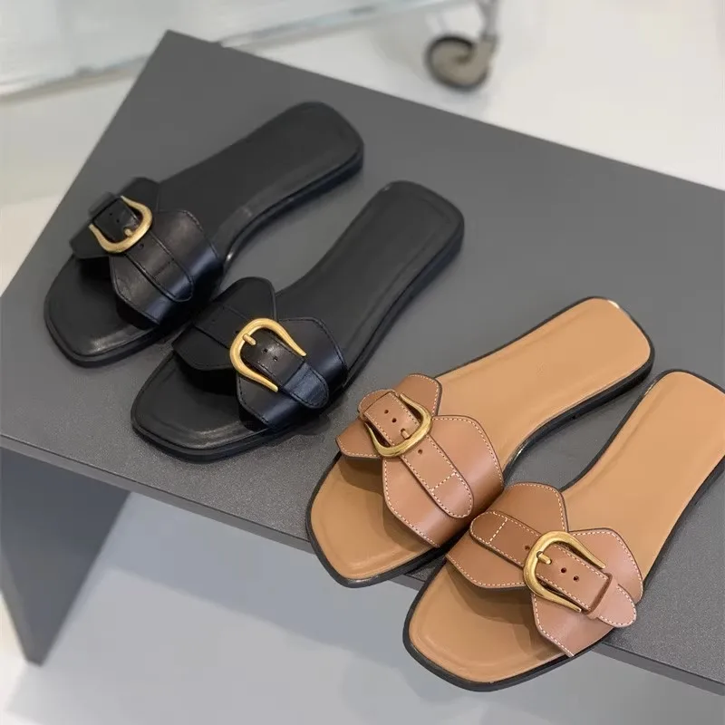 Slippers for Woman 2024 Summer Beach Flats Ladies Buckle Slides Gladiator Sandals Luxury Leather Mules Zapatos Mujer