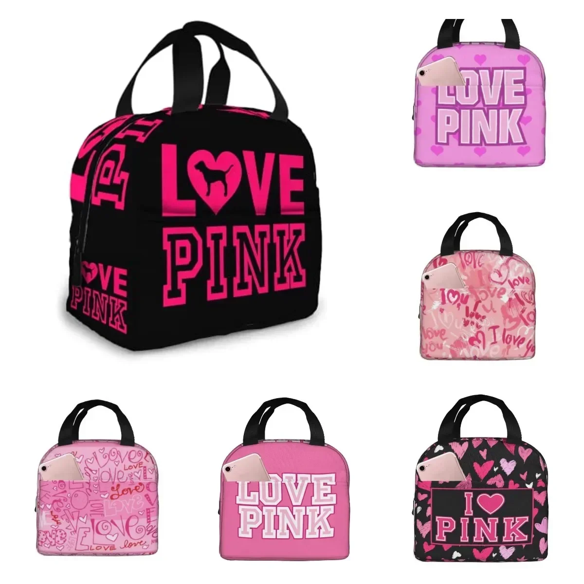 Love Pink Black Borsa per il pranzo isolata portatile Tote impermeabile Borse Bento Borsa per il pranzo per le donne Lunch Box per il lavoro, la scuola, il picnic