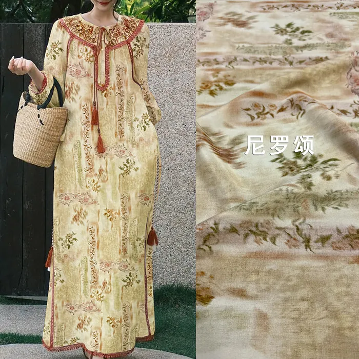 

Бежевая винтажная ткань из египетского шелка с цветочным принтом, стрейч-креп-дешин, материал из тутового шелка для платьев, ширина 140 см, для блузок