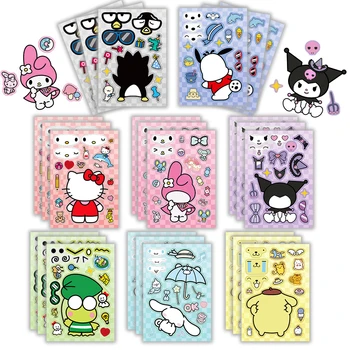 8/16 แผ่นเด็ก Make-a-Face ปริศนาสติกเกอร์ Sanrio Hello Kitty Kuromi Melody เด็ก DIY ประกอบจิ๊กซอว์เกมของเล่นเด็ก party