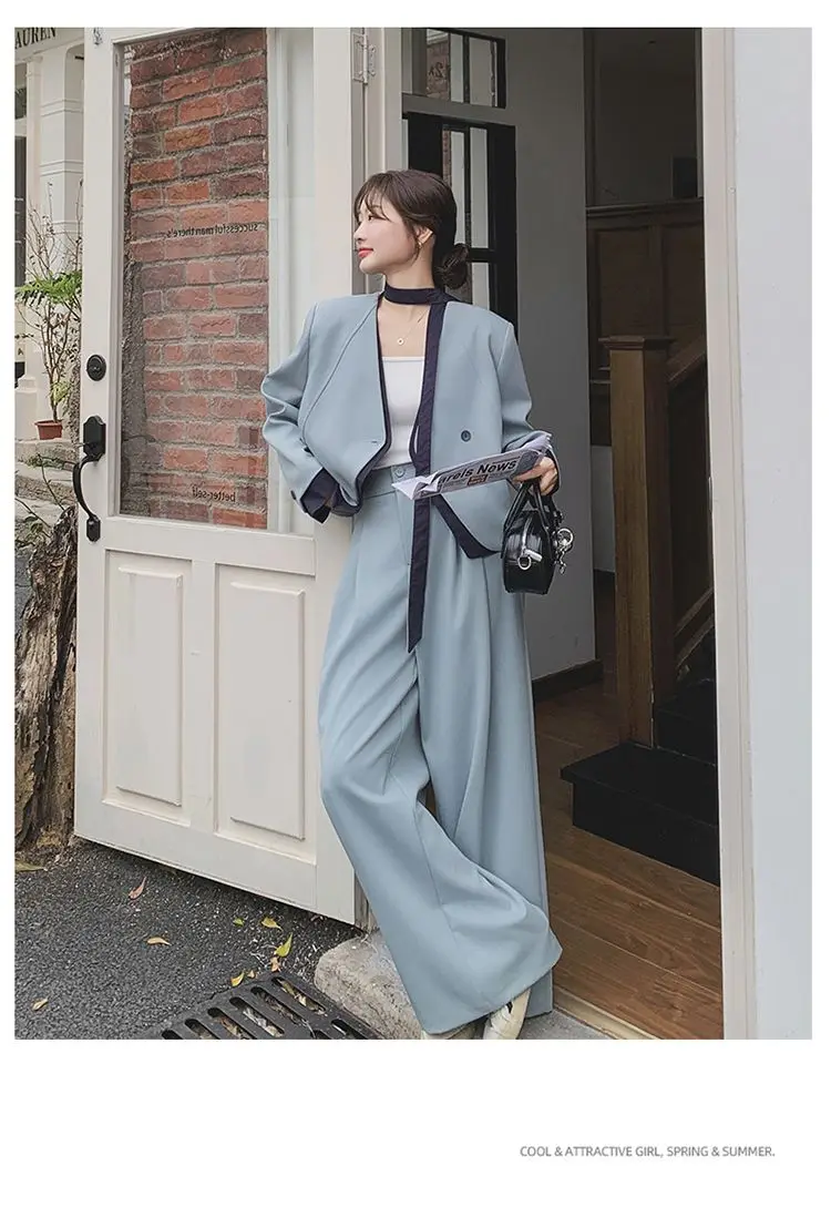 Blue Contrast Color Stitching Suit Women's Spring and Autumn 2025 New Popular Commuter Wide Leg Pants Two-piece Set