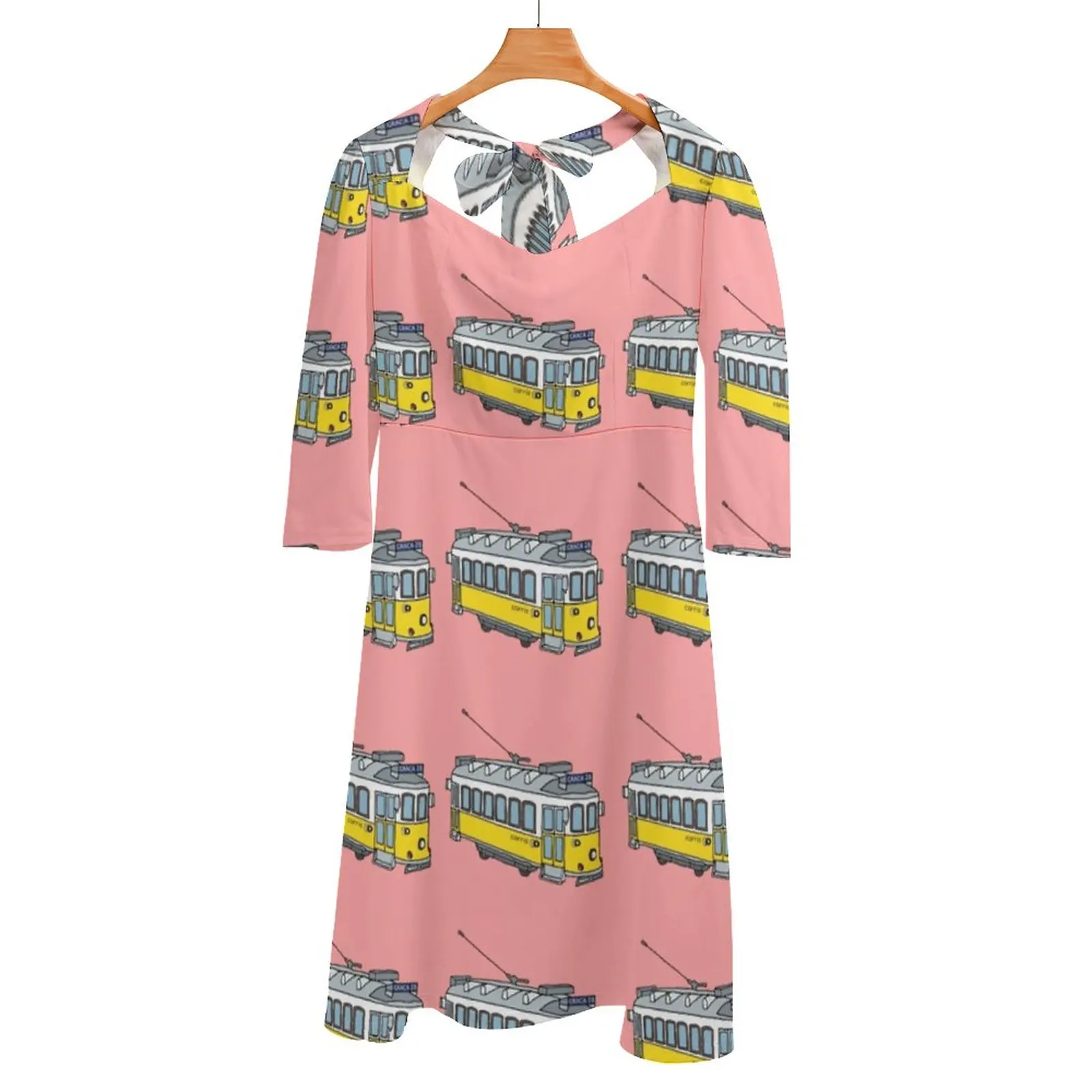 Lisbon Tram Pattern Back Lacing Backless Dress Square Neck Dress Fashion Printed Dress 6Xl Pink Lisbon Portugal Tram Train