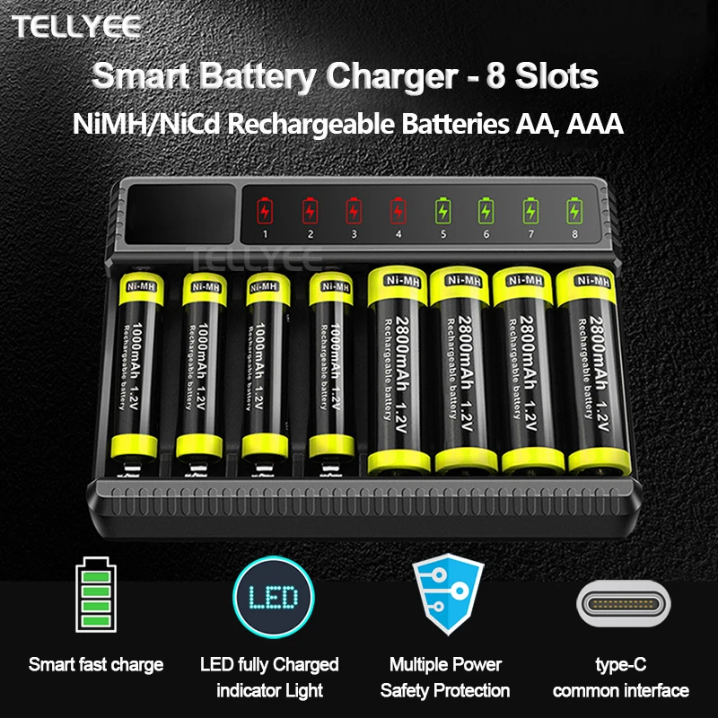 Charger 8-slot AA AAA battery charger, USB high-speed charging, independent card slot, smart charging