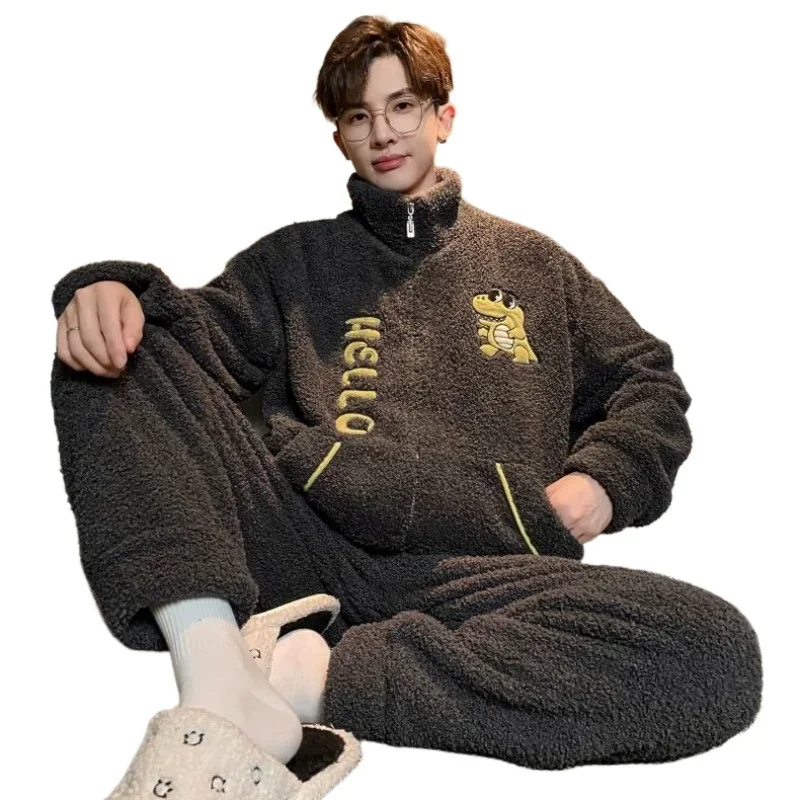 Adolescent Pajamas Cartoon Autumn and Winter Thickened Coral Fleece Fattened  Flannel Loungewear Set Zipper Loveliness Underwear