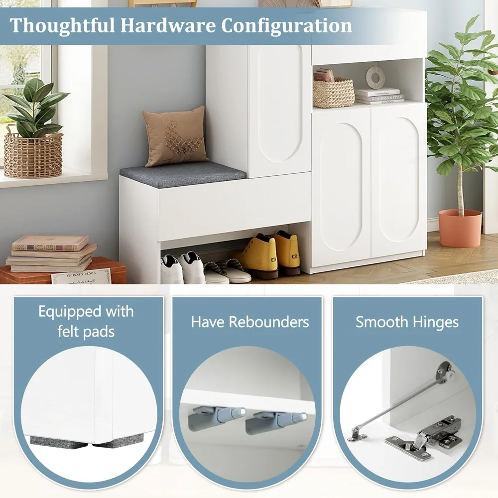 „Schuhaufbewahrungsbank mit Kissen, verstellbaren Regalen, gewölbten Türen, Rückprallscharnieren, Anti-Kipp-Funktion, 51“ für Flur und Wohnen