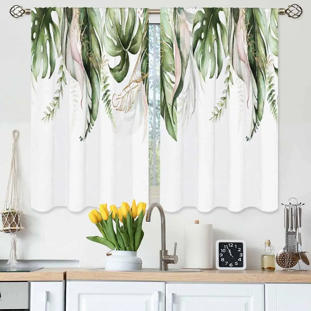 Tropical Leaves Kitchen Curtains Watercolor Green Jungle Foliage Blush Floral Palm Short Tier Curtains for Bathroom Cafe Small