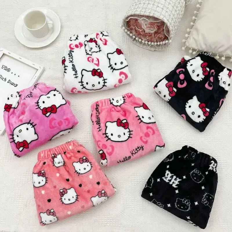 Sanrio Hello Kitty Y2k Kawaii Flannel Pajamas Women\'s Warm Woolen Cartoon Casual Home Pants Autumn Winter Fashion Trousers