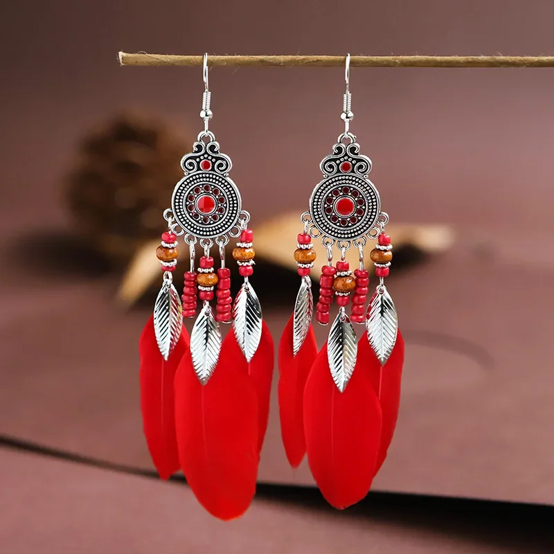 Bohemian Ethnic Feather Drop Earrings For Women Elegant Wood Beads Leaf Long Tassels Dangle Earring Girls Fashion Party Jewelry