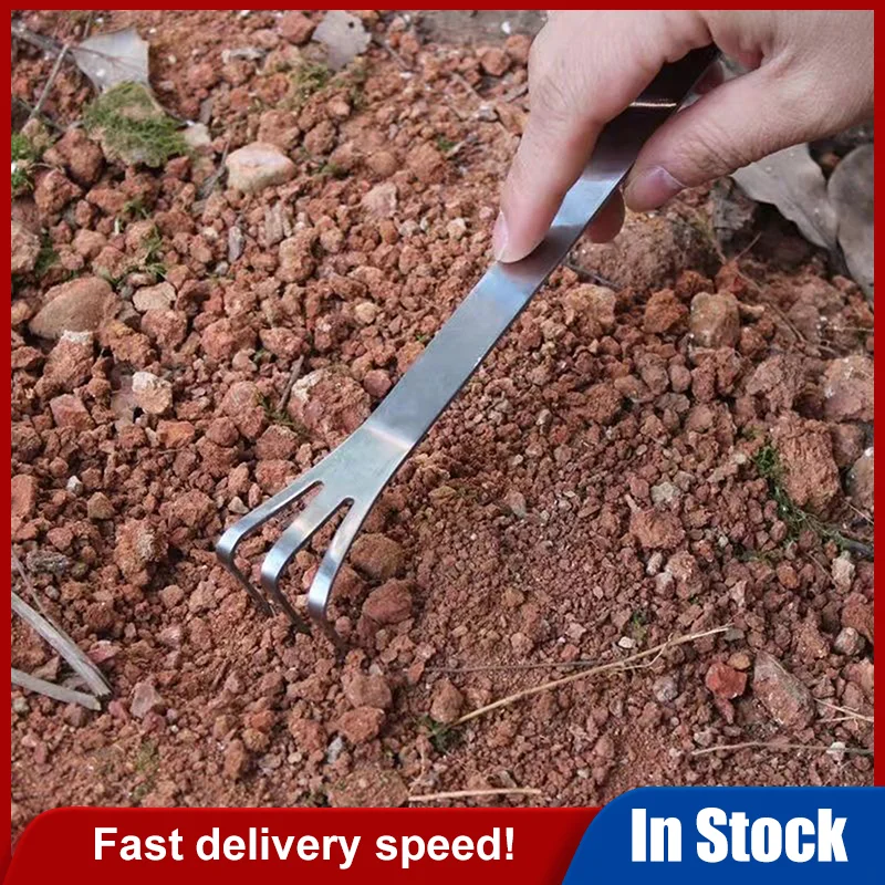 Râteau à racines en acier inoxydable, bonsaï, plantes en pot, outil desserré du sol à 3 broches, râteau portable antirouille, outil de jardinage domestique, 1 pièce