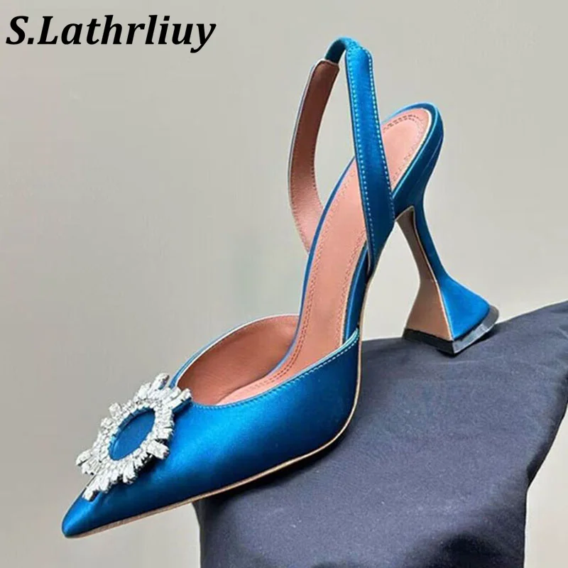 

Spring Summer Pointed Toe Silk Satin Pumps Women's Shiny Crystal Decoration Back Strap Exposed Heel Sandals Banquet Dress Shoes