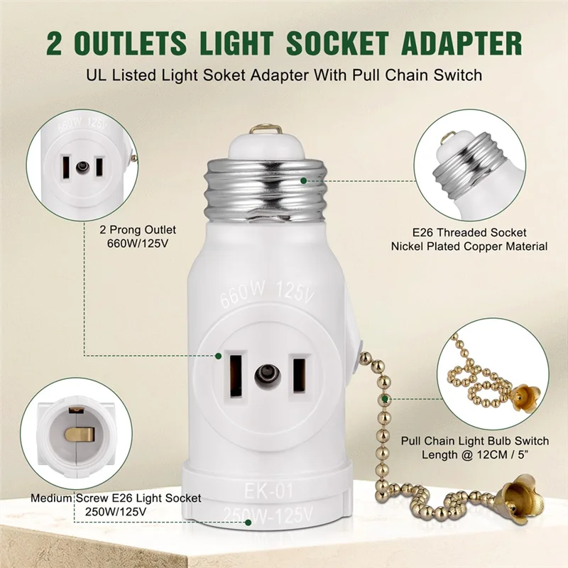 AEE2-2 Outlet Light Socket Adapter,E26 Bulb Socket To Outlet Splitter,Convert Medium Screw Socket Into A Socket 2 Outlets 2Pc