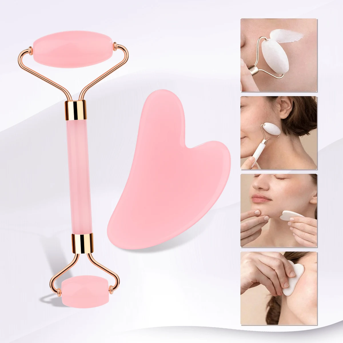 2 pièces de massage à rouleaux à double tête en jade naturel Shi Ying et ensemble de planche à gratter en forme de coeur, l'outil parfait pour les soins du visage,