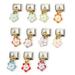 1 PieceItalian Charm Links For DIY Bracelet Jewelry Making Rectangle Cherry Blossom Sakura Flower Double-sided Enamel 10mm x 9mm