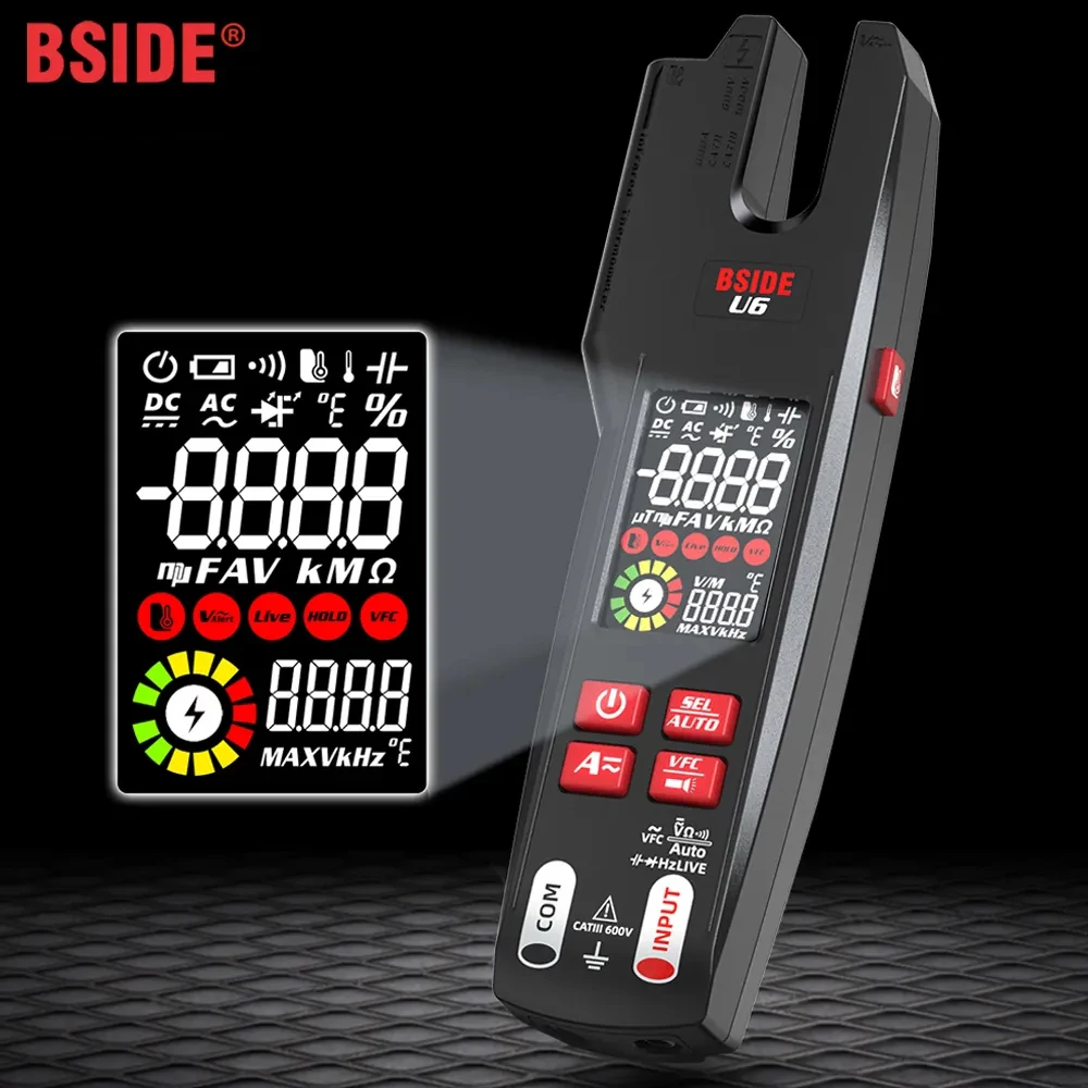 

BSIDE USB Charge Digital Fork Clamp Meter 9999 Counts DC AC Current Voltage Tester Hz Auto Range True RMS Ammeter Clamp Meter U6