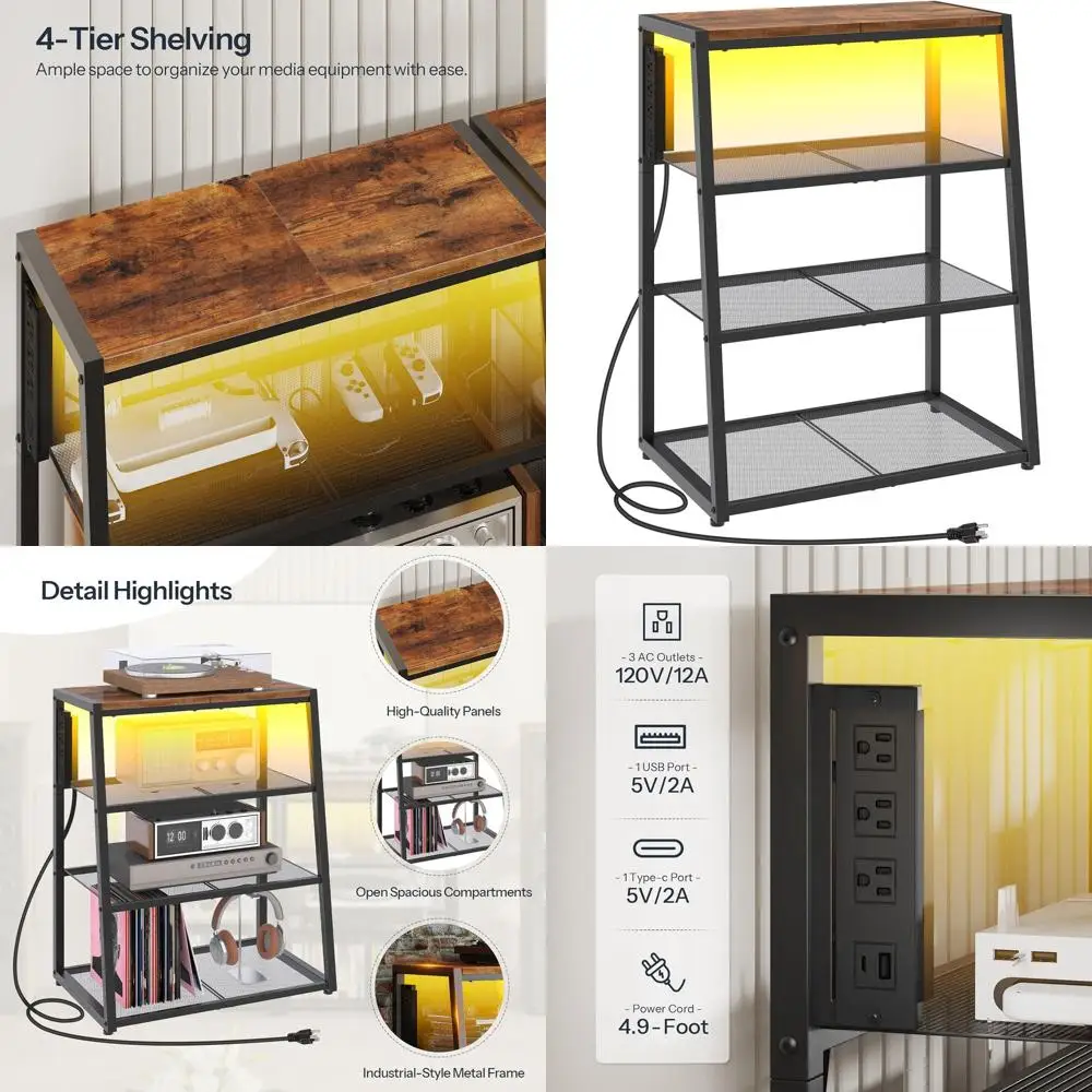 

4-Tier AV Media Stand, Stereo Stand with Charging Station and LED Light, Wooden Stereo Cabinet, Rack Audio Tower, Corner Enterta