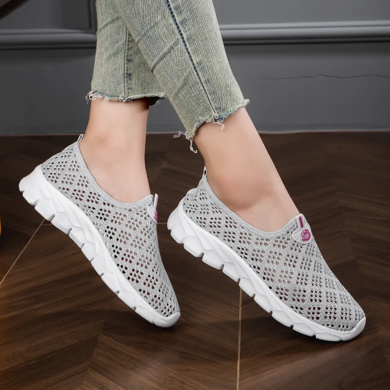 STRONGSHEN Summer Women Flat Casual Shoes Mesh Comfortable Breathable Hollow out Slip on Sports Walking Sneaker Zapatos De Mujer