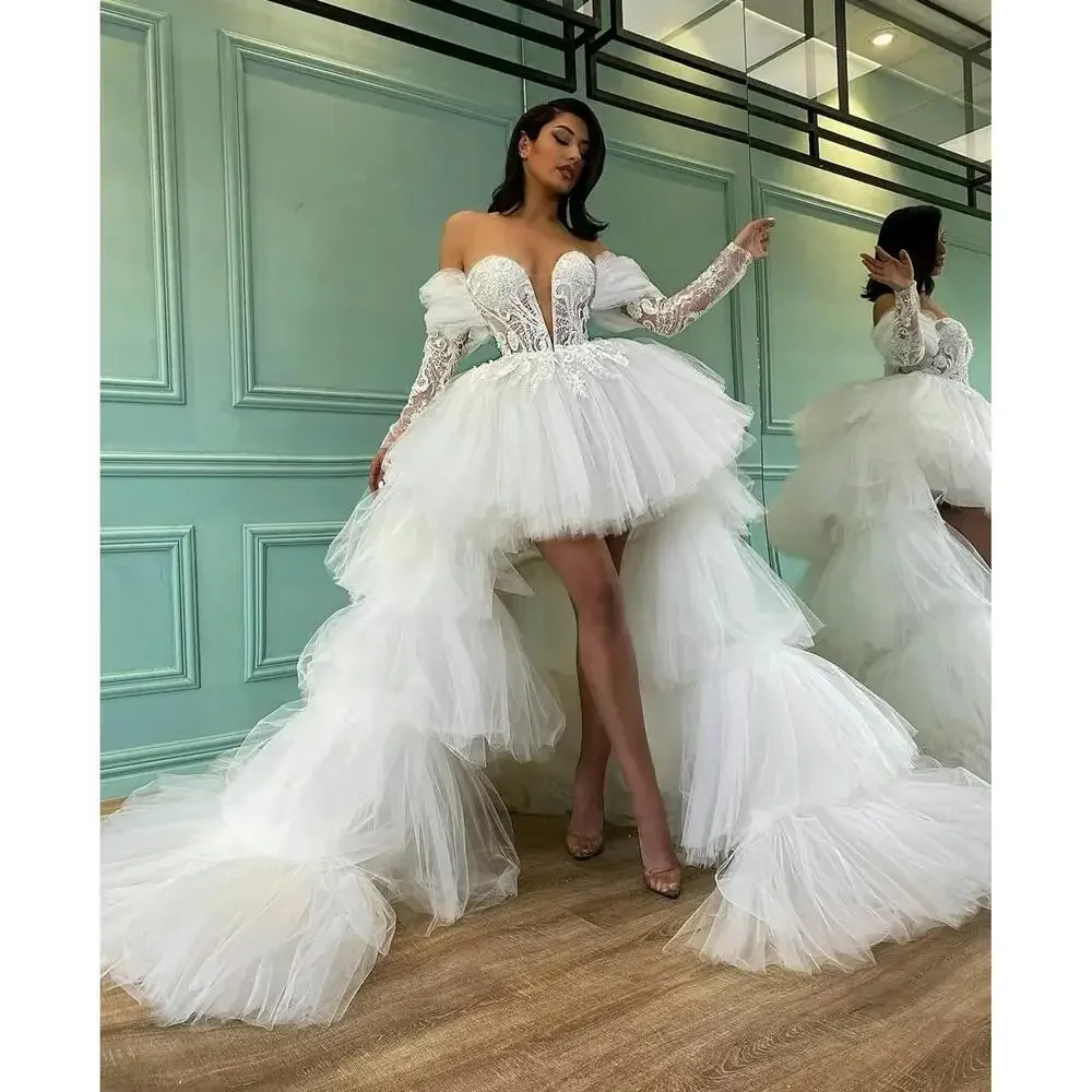 

Elegant White Wedding Dresses Fashion Off The Shoulder Tiered Pleat High/Low Gowns Lace Appliques Detachable Train Bride Dresses