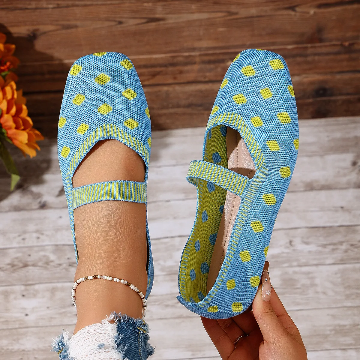 Zapatos de mujer de malla transpirable con punta cuadrada, zapatos planos de moda con suela suave, zapatos de punto, calzado informal sin cordones para mujer, mocasines