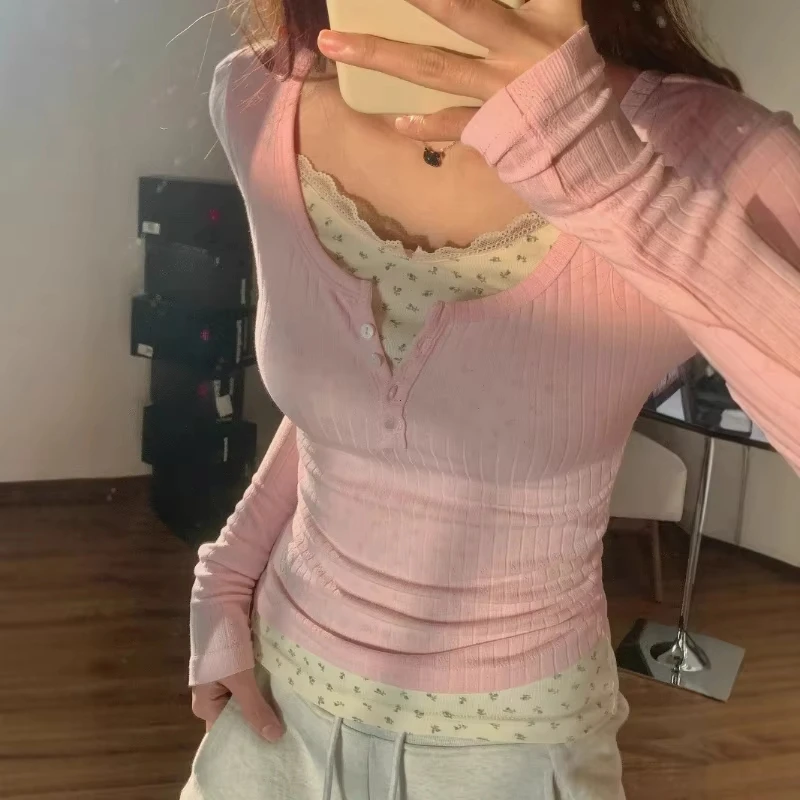 

Sweet Anti-Aging Sexy Big Collar Floral Lace Two-Piece Long Sleeve Shirts Women's Autumn Trendy Spicy Girl Top