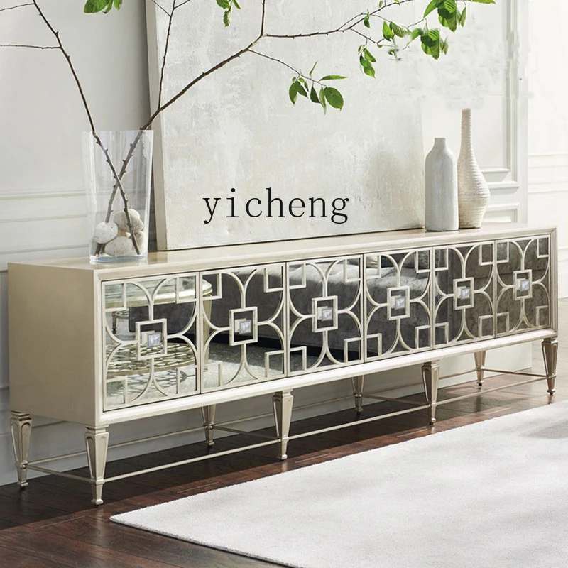 

TQH light luxury living room solid wood TV cabinet decorative cabinet modern retro mirror glass simple coffee table combination