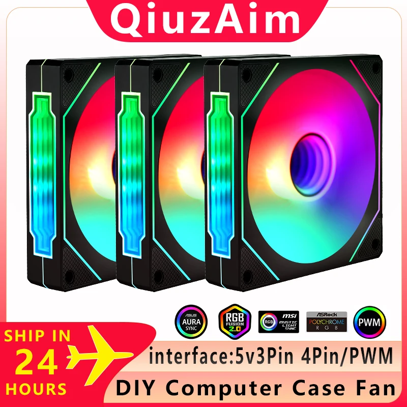 

QiuzAim PC Case Fan 120mm 3-in-1 set suit ARGB Cyclic Mirror Light Effect 4Pin PWM 5V 3Pin CPU Cooler ventilador RGB Air-Cooler