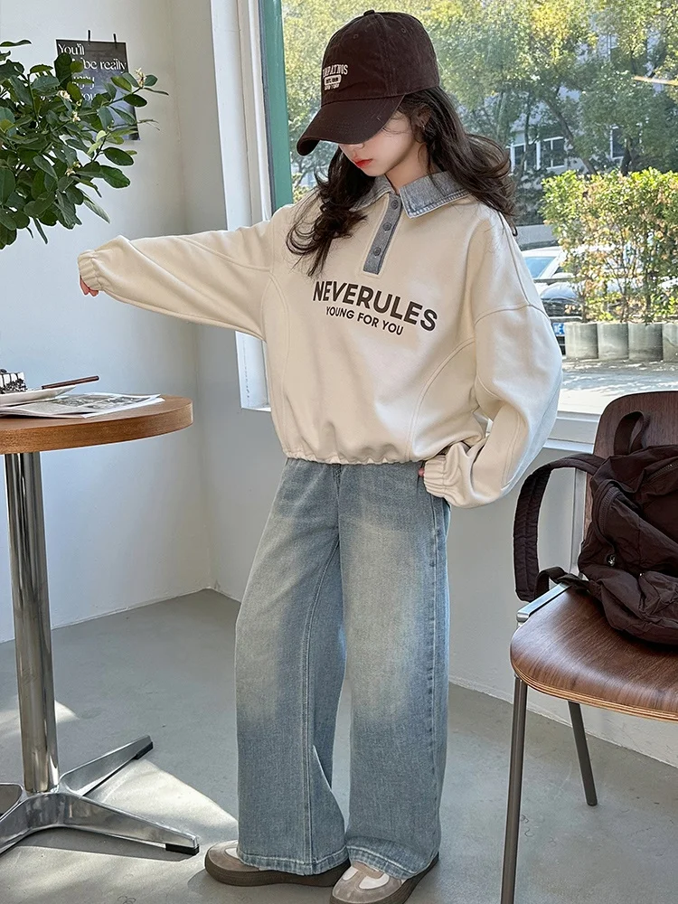 Frühlings-lässiges, faionable Mädchen-Zweiteiler-Set aus Baumwolle mit langen Ärmeln, Sweatshirt und Jeans für kleine Mädchen ab 7 Jahren