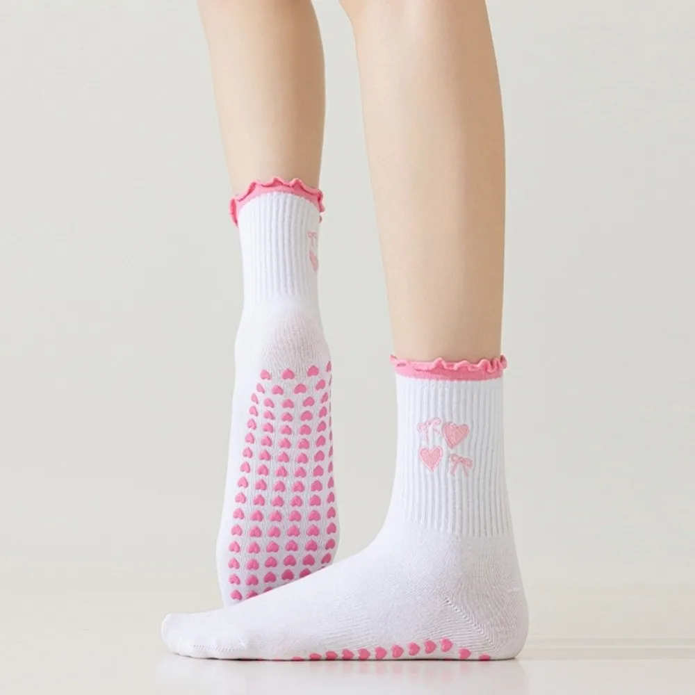 

2pairs Heart Silicone Sock Sole Women Yoga Socks Cherry Pattern Embroidery Pilates Socks Soft Cotton Non-Slip Socks