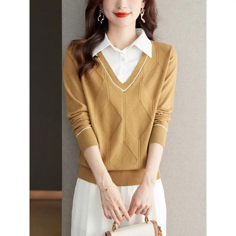 Spring Autumn New Solid Color Fake Two Pieces Sweater Women High Street Turn-down Collar Long Sleeve Button Patchwork Pullovers