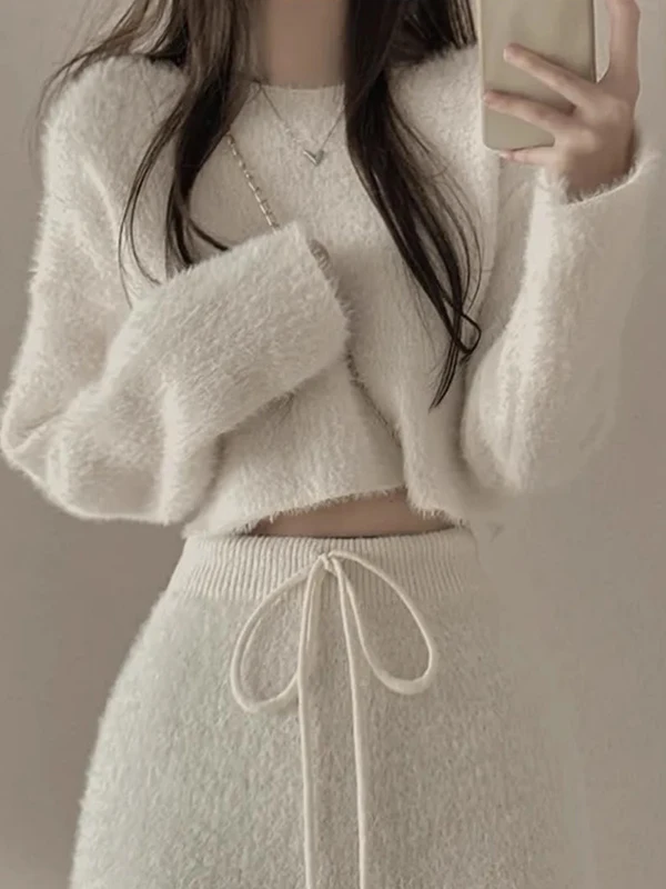 

Chic Knitted Mink Sweater High Waist Wrap around Skirt Two Piece Set Autumn Winter Fashion French Style Women's Ensemble