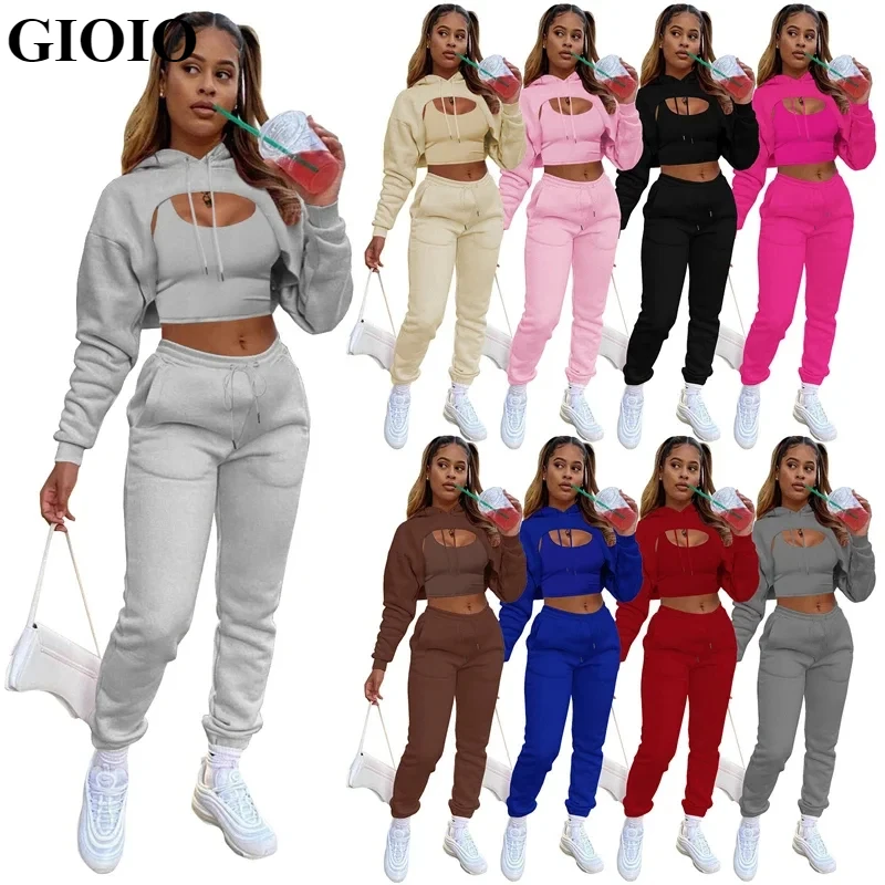 

GIOIO Women's Cropped Navel Vest Lace Up Suit Three Piece Pants And Casual Crop Top Joggers Sets