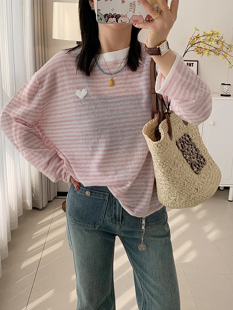 

D Home Original Gentle Versatile Anti-Static Striped round Ne Long Sve Linen Top Spring Summer New Sle Commute Simple ...