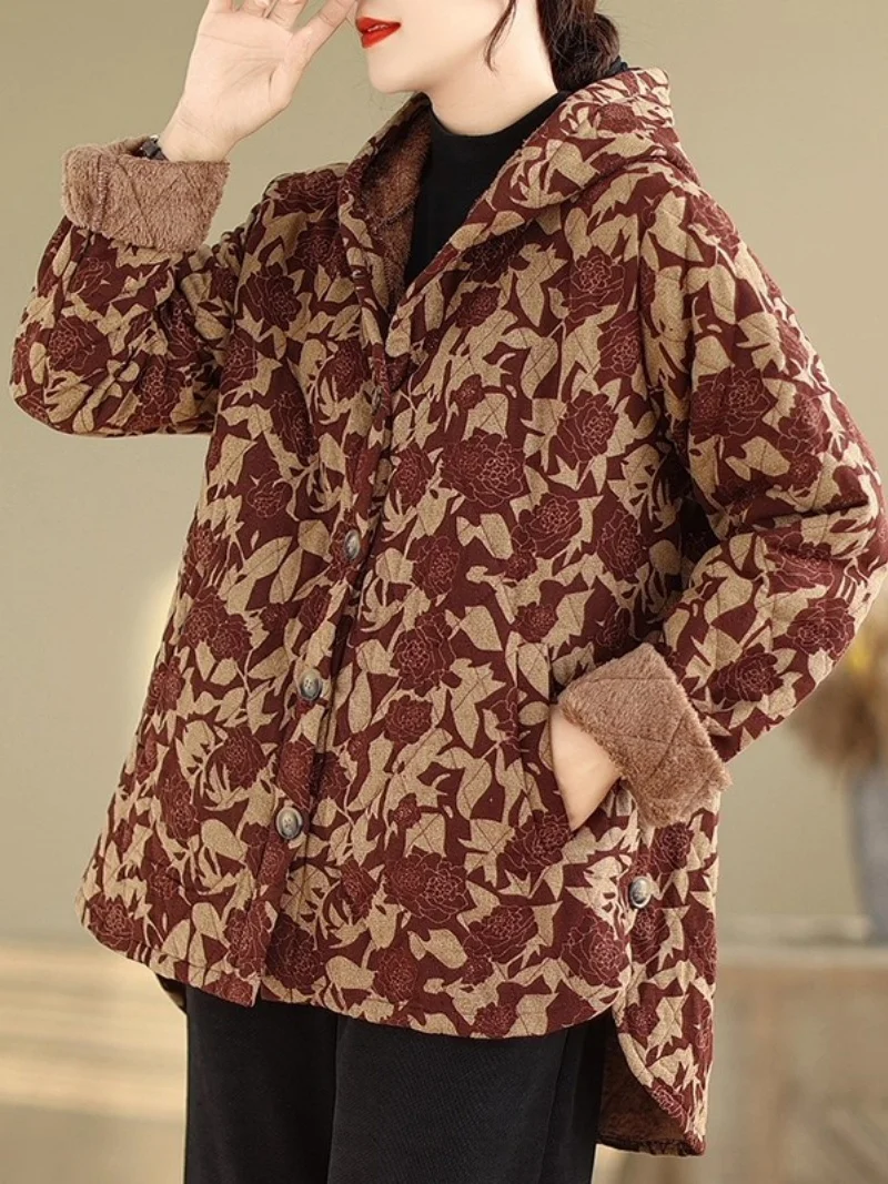 

Осень-зима 2025 года, женская флисовая куртка в стиле ретро, свободное теплое плюшевое утепленное пальто с капюшоном и цветочным принтом, верхняя одежда W949