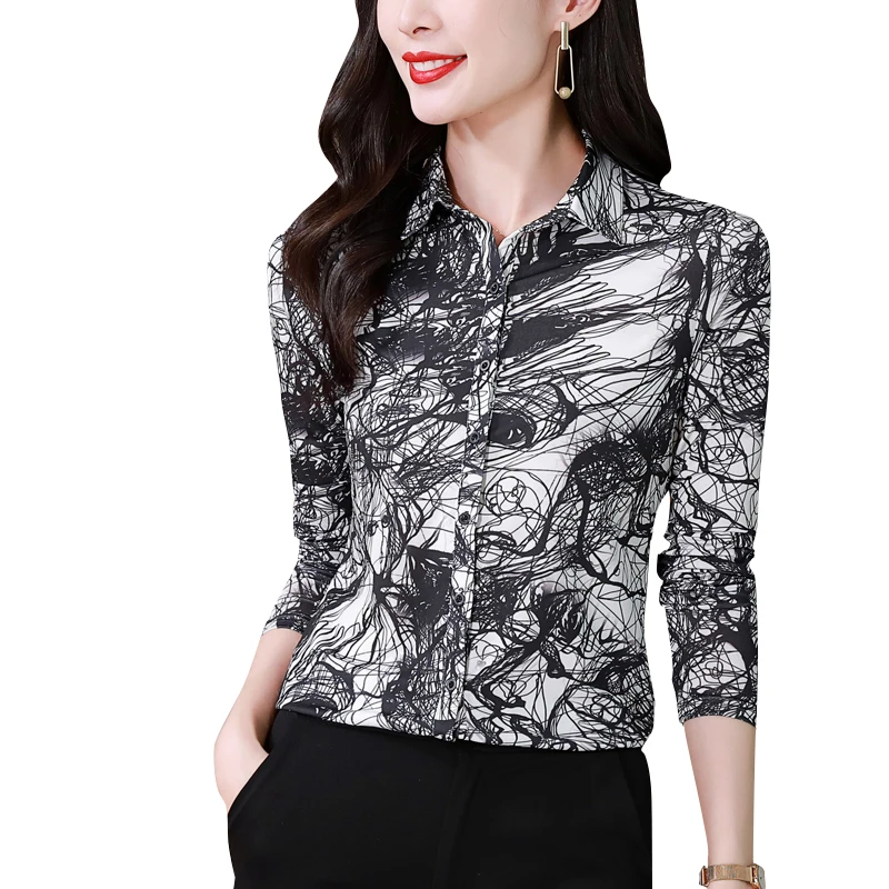 Fashion Elegant Women Silk Blouse 2024 Long Sleeve Chic Printed Slim Women Basic Tops Stretch Women Office Shirts Blusas Mujer
