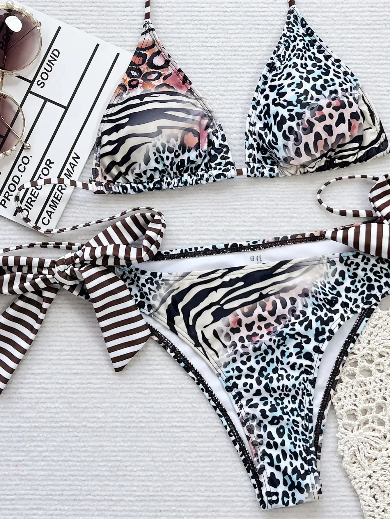 2025 New Leopard Print 2 Piece Swimsuit for Women Sexy V-neck Suspender Backless Triangle Bikini Set Swimwear Beach Bathing Suit