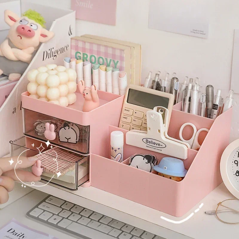 Desktop Cosmetic Storage Box Organizer Drawer Office Storage Rack Stationery Desk Pen Holder Bunny Drawer Organizer Cute Kawaii