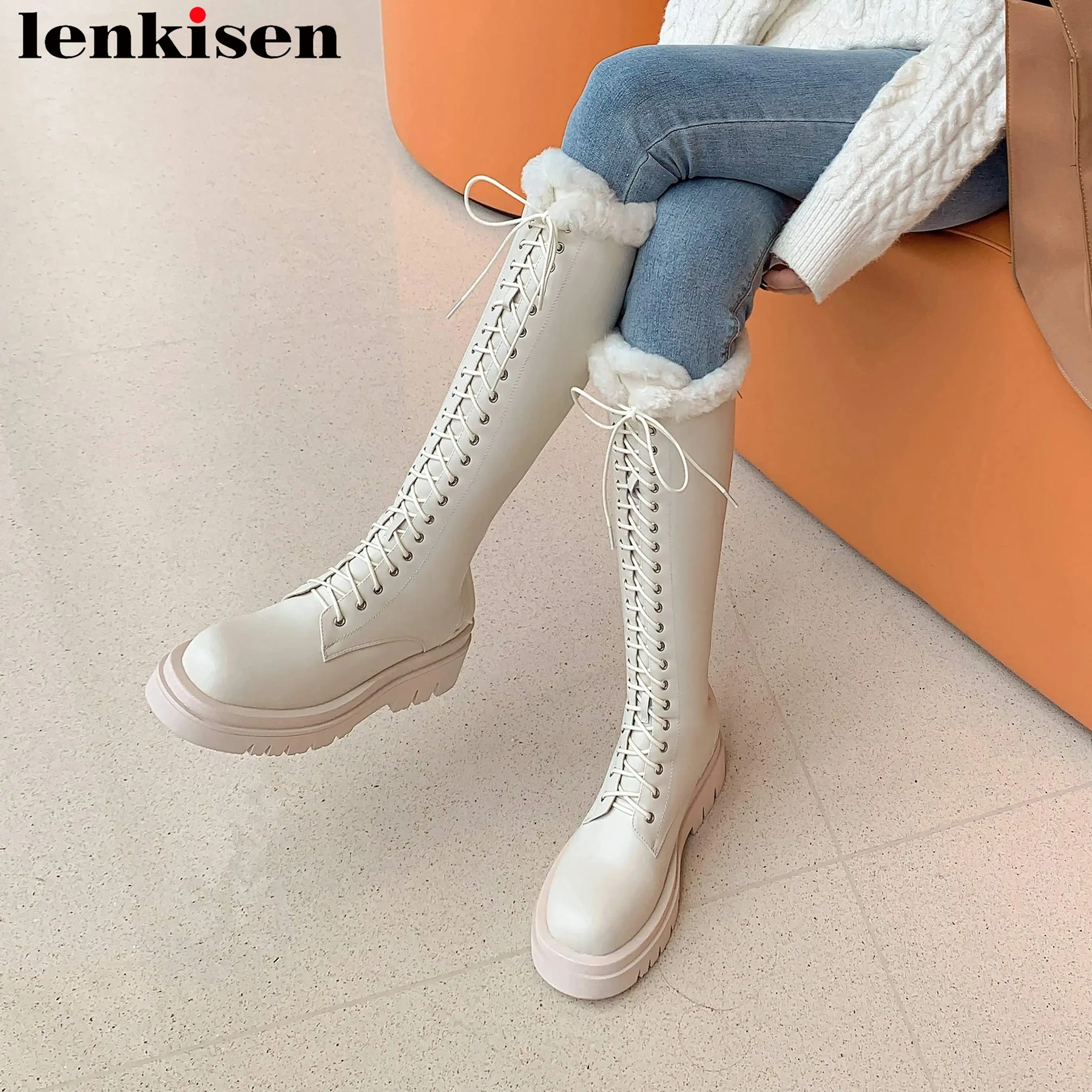 

Lenkisen Keep Warm Fur Genuine Leather Med Heels Round Toe Snow Boots Thick Bottom Cross-tied Zipper Casual Over-the-knee Boots