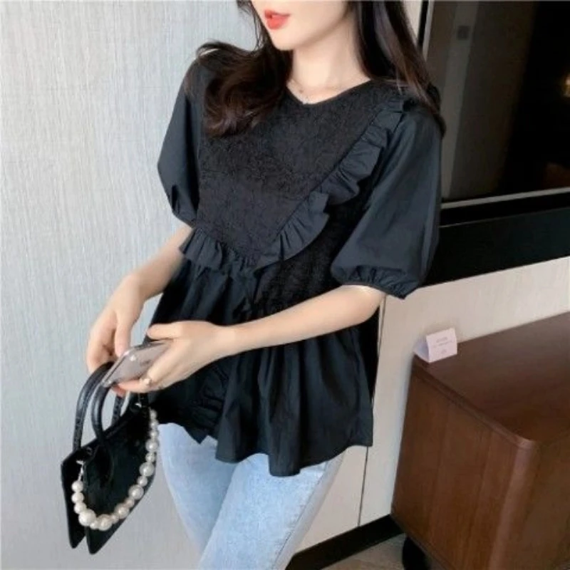 

Korean Pleated Solid Loose All-match Blouse Summer New Shoer Sleeve O-neck Cute Sweet Shirt Tops Fashion Casual Women Clothing