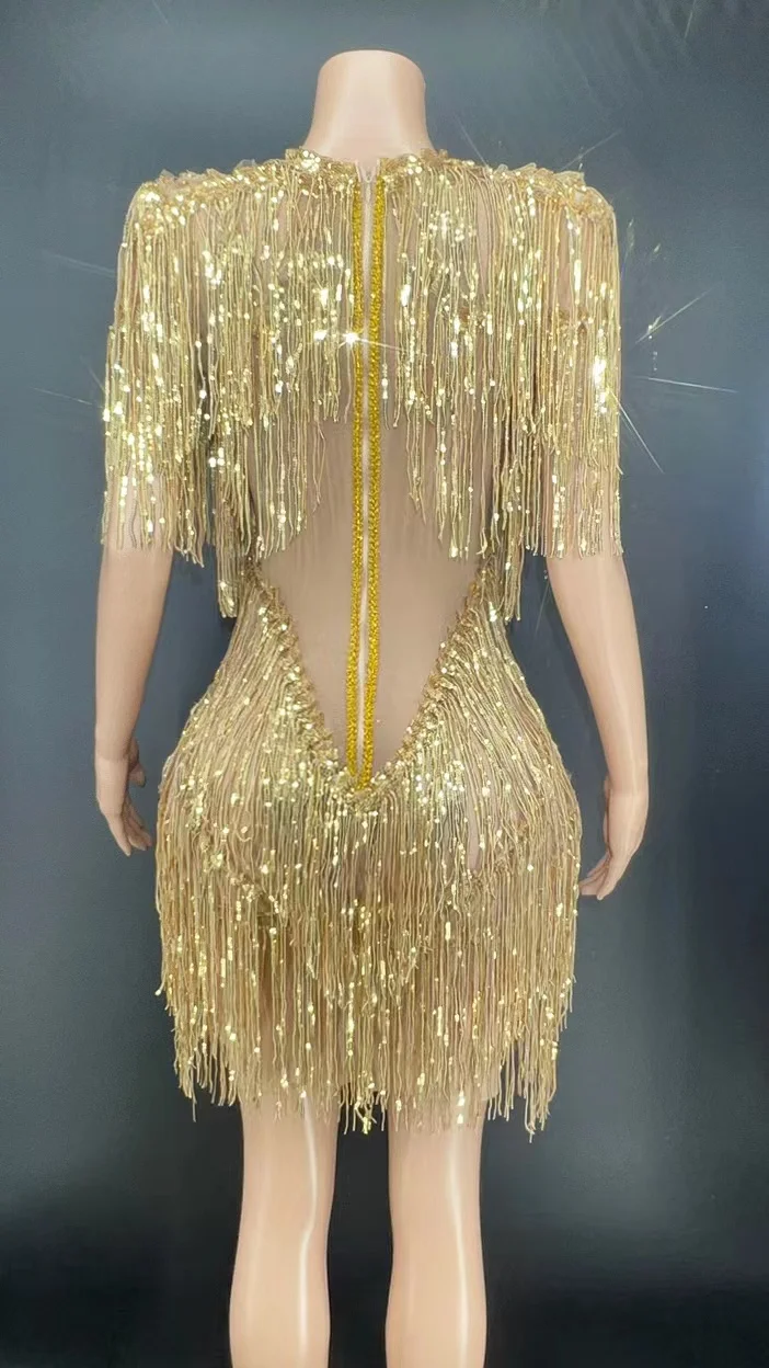ผู้หญิงปาร์ตี้ไนท์คลับชุดวันเกิดประสิทธิภาพแสดงเวทีสวมใส่เซ็กซี่ Shining Gold Fringe ชุดเต้นรําละตินพู่ชุด