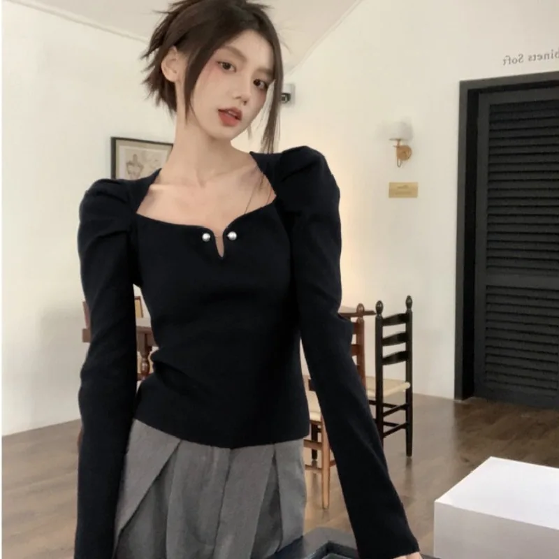 Camisetas con cuello cuadrado para mujer, diseño sólido, moda coreana única, combina con todo, corte entallado, interior de punto, informal, Popular, Otoño Invierno