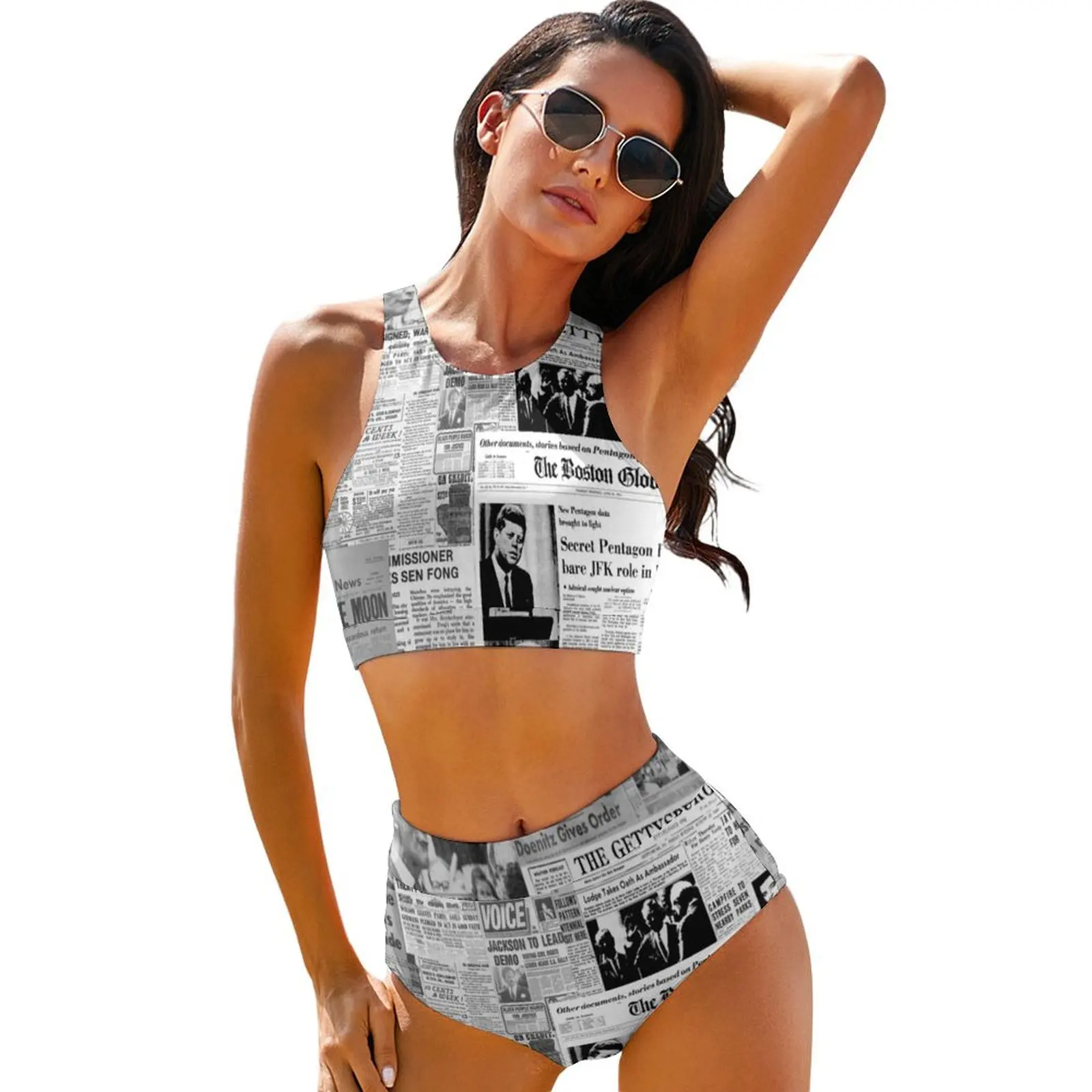 

Newspaper Collage Bikinis Set Old American Newspapers Bikini Swimsuit Sexy Two-Piece High Waist Swimwear Sport Feminine Bikinis