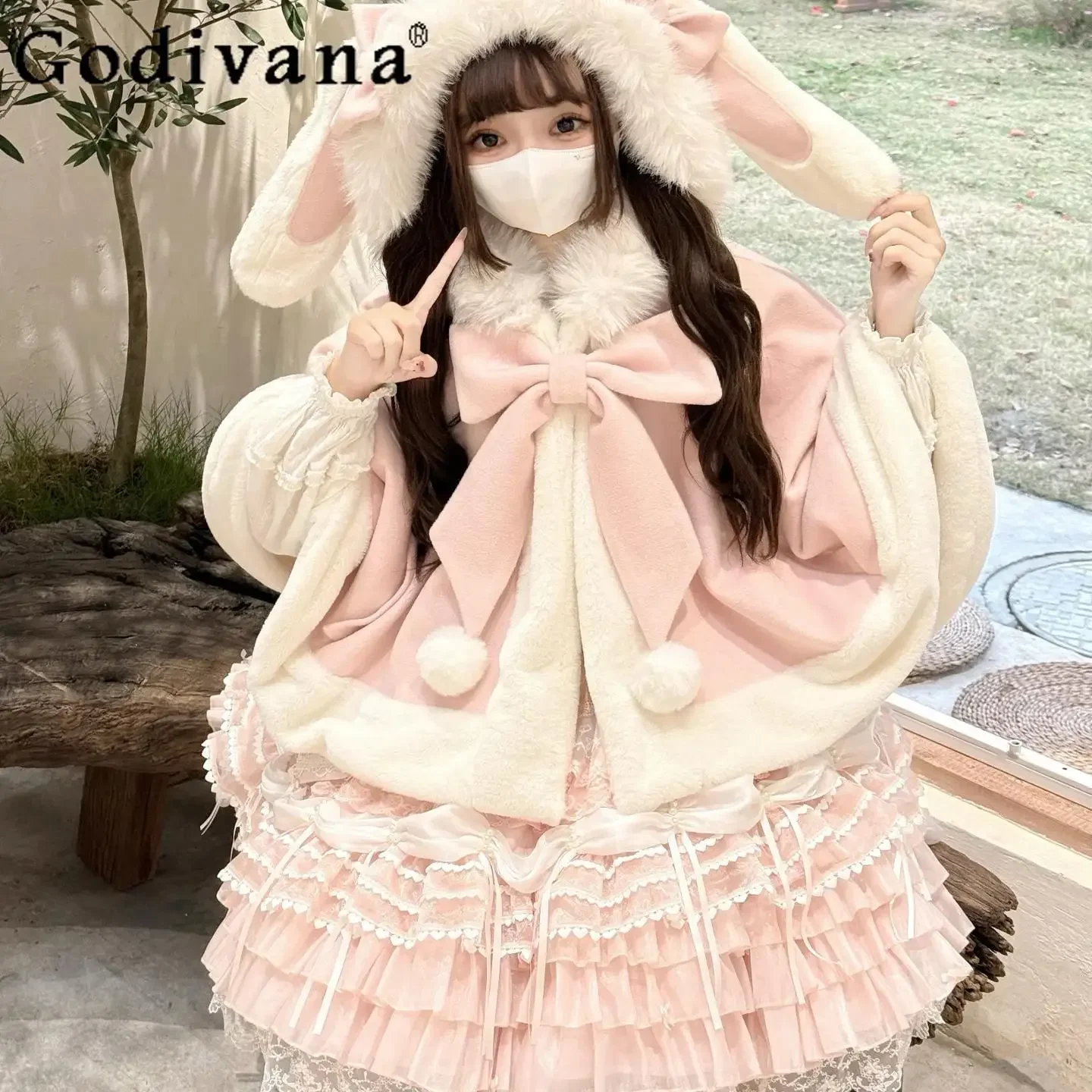 

Lolita Poncho Cute Cloak 2024 Autumn Winter New Bow Rabbit Ears Sweet Warm Coat Cloak Dress Women Coats Jackets Clothing