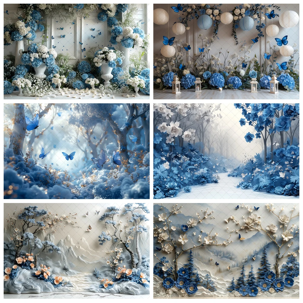 

Elegant Blue Butterfly Orchid Flower Decoration Background white Arch Birthday Party Decoration Wedding Engagement Backgruond